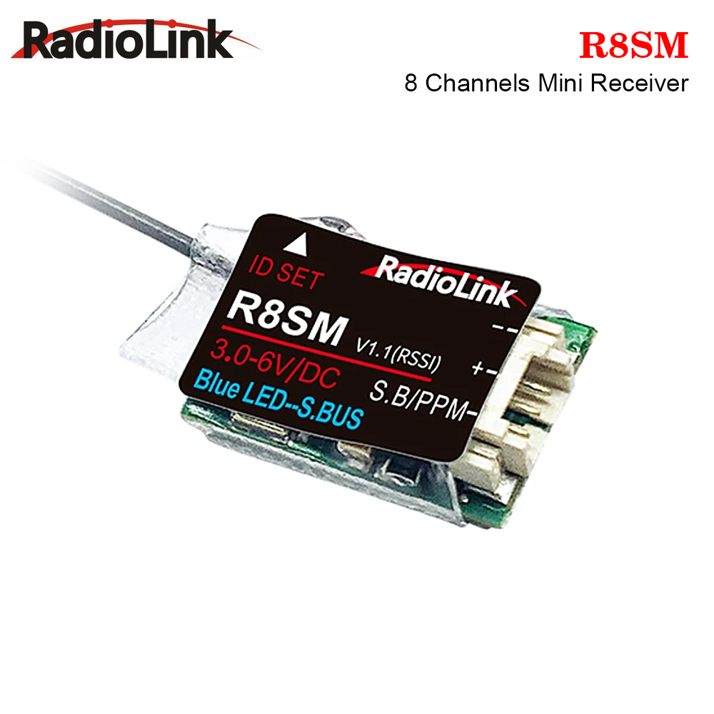 Receiver Sbus 8Ch - Radiolink R8SM 8チャンネル ミニRC受信機。SBUS/PPM信号出力に対応。ミニレーシングドローンやFPVモデルのパーツとして使用。